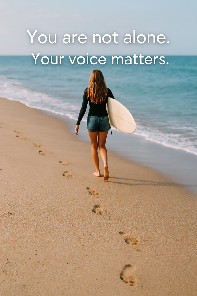How To Talk To Teens About Consent: The Essential Guide To Understanding “If It’s Not A Yes, It’s Not Consent” 4 A person with long hair walks barefoot on a sandy beach, holding a white surfboard. Footprints trace their path in the sand. The clear sky and calm ocean evoke peace. Text on the image reads, “you are not alone. Your voice matters—like learning how to talk to teens about consent. ”.