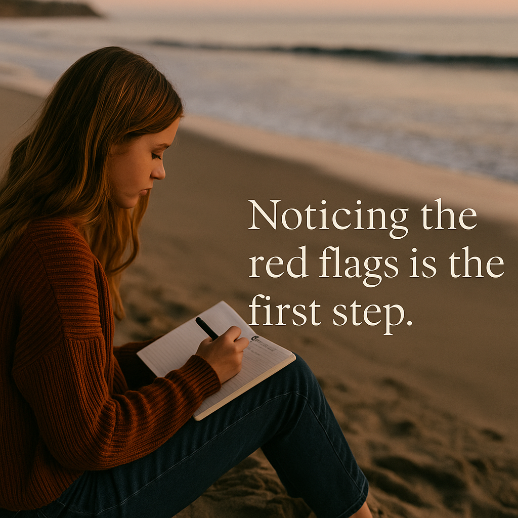 10 Red Flags In Teen Relationships You Shouldn’t Ignore 2 A person with long hair sits on the sand at the beach, writing in a notebook. Text beside them reads, "noticing relationship warning signs is the first step. " the background shows the ocean and a distant shoreline.