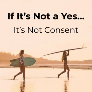 Two people carrying surfboards walk along the beach at sunset. Text above reads, "If It's Not a Yes... It's Not Consent." This resonates with how to talk to teens about consent, emphasizing the importance of clear communication.