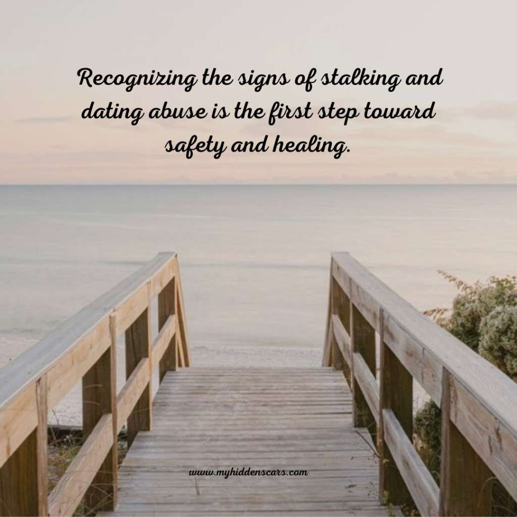 Signs Of Stalking And Dating Abuse: Lessons From A Good Girl’s Guide To Murder 2 A wooden boardwalk leads to a calm beach with the ocean in the background. The text emphasizes, "recognizing signs of stalking and dating abuse is the first step toward safety and healing.