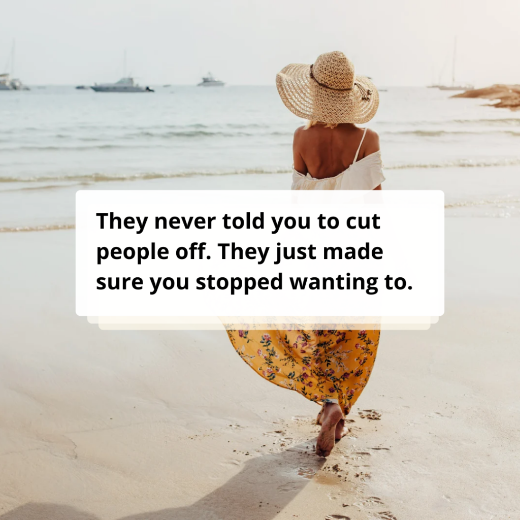 Signs Of Isolation In A Relationship: The Red Flag You Don’t See Until It’s Too Late 2 A woman in a white off-shoulder top and floral skirt strolls along the beach, her straw hat casting shade. Text overlay reads, "they never told you to cut people off; signs of isolation in a relationship just made sure you stopped wanting to.