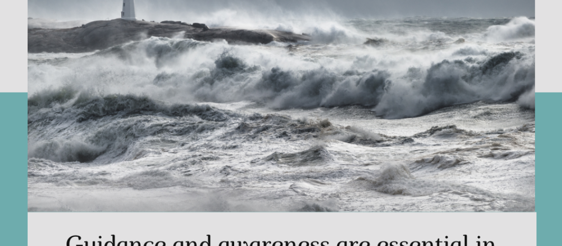 A lighthouse stands on a rocky shore amidst a turbulent and stormy sea. Below the image, a caption reads: "Guidance and awareness are essential in recognizing the signs of stalking and dating abuse." Learn more at www.tiffanycolburn.com.