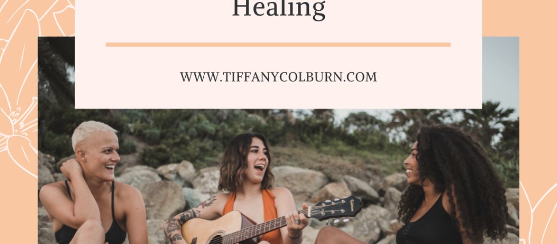 Three young women sit on the beach; one plays guitar while the others smile and talk. Above them, a text box reads, "Toxic Teen Friendship: Red Flags, Heartbreak & Healing" with a website link.